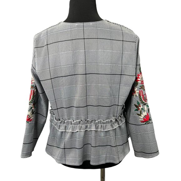 Mulaya Open Front Blazer Jacket M Black Plaid Peplum Embroidered Floral Sleeves - Picture 3 of 10